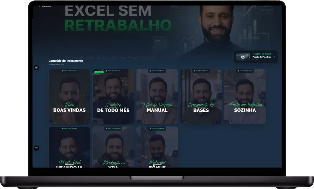 Mockup do curso em notebook / antes e depois de uma planilha